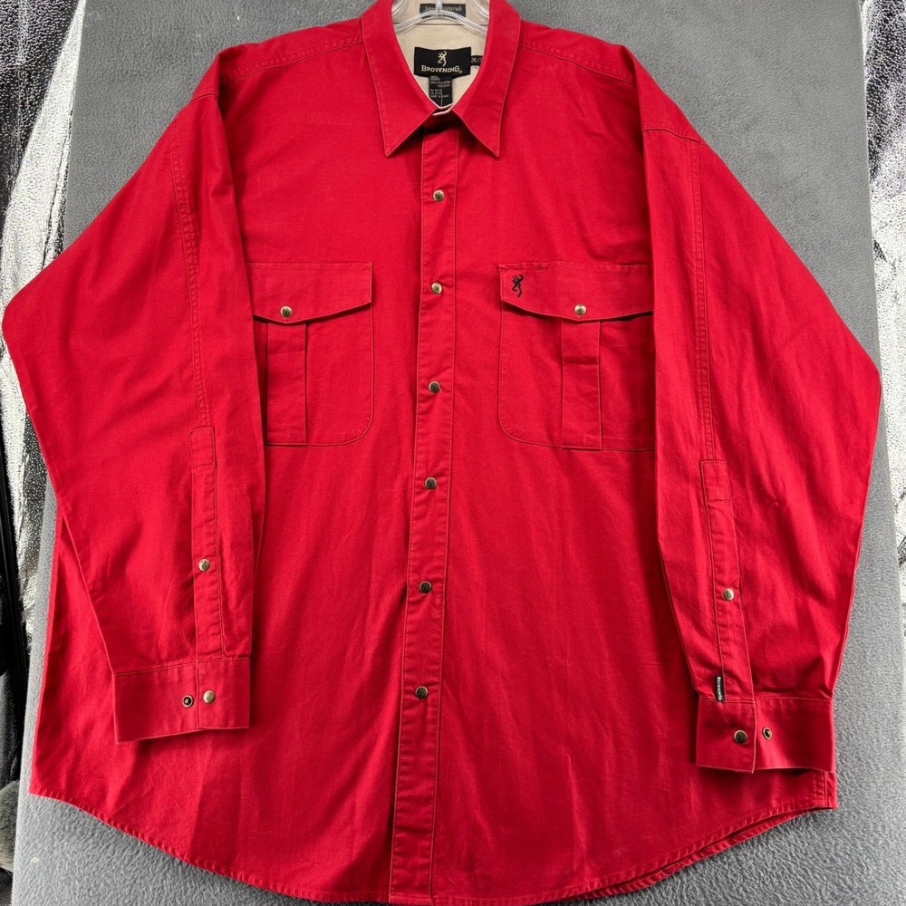 Browning Shirt Mens 2XL Red Cotton Canvas Long Sleeve Snap Front Outdoor New